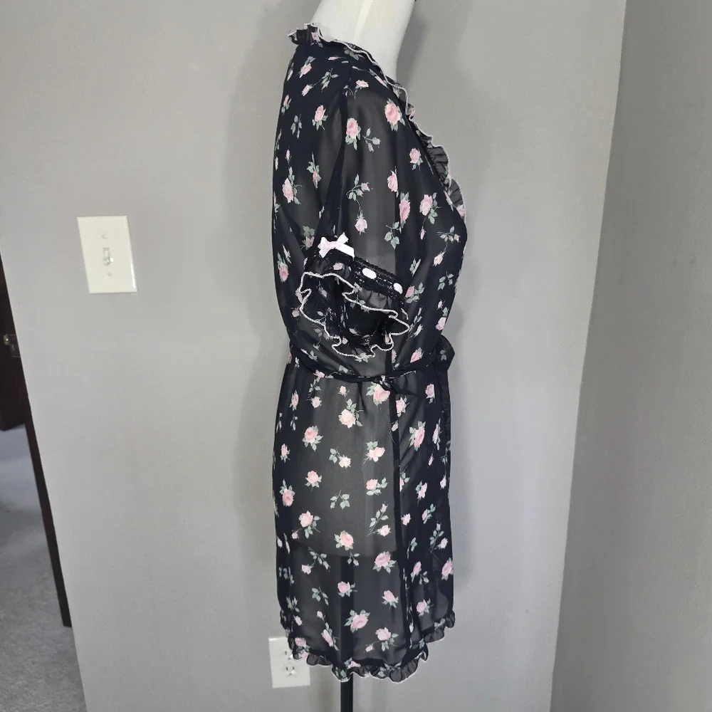 Floral Sheer Black Kimono Robe lightweight women's size large from In Bloom
